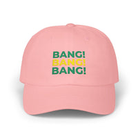 Bang! Bang! Bang! embroidered golf dad cap — close up embroidery detail | Golf Subculture
