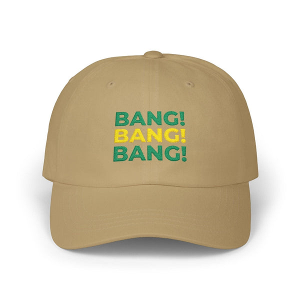 Bang! Bang! Bang! embroidered golf dad cap — bold stacked typography | Golf Subculture