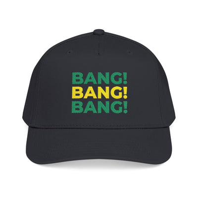 Bang! Bang! Bang! embroidered golf baseball snapback cap — side profile view | Golf Subculture