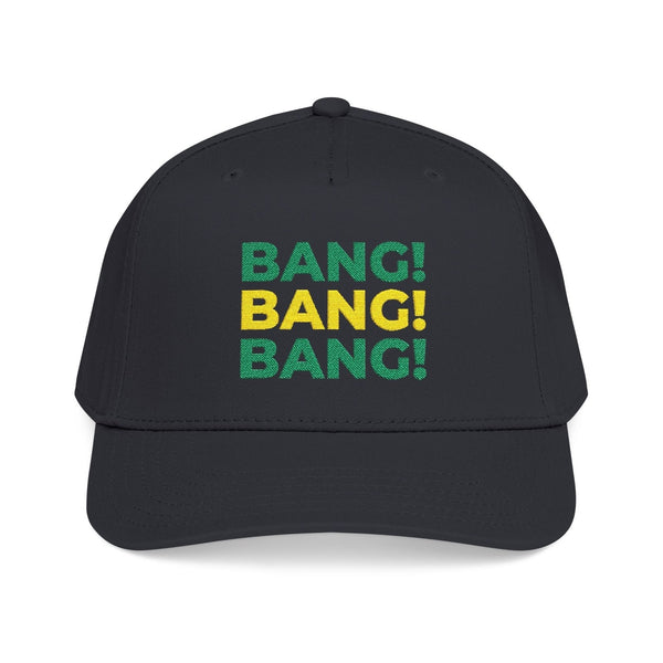 Bang! Bang! Bang! embroidered golf baseball snapback cap — side profile view | Golf Subculture