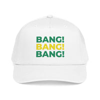 Bang! Bang! Bang! embroidered golf baseball snapback cap — close up embroidery detail | Golf Subculture