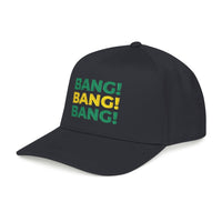 Bang! Bang! Bang! embroidered golf baseball snapback cap — flat lay product shot | Golf Subculture