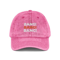 Bang! Bang! Bang! embroidered golf vintage cap — close up embroidery detail | Golf Subculture